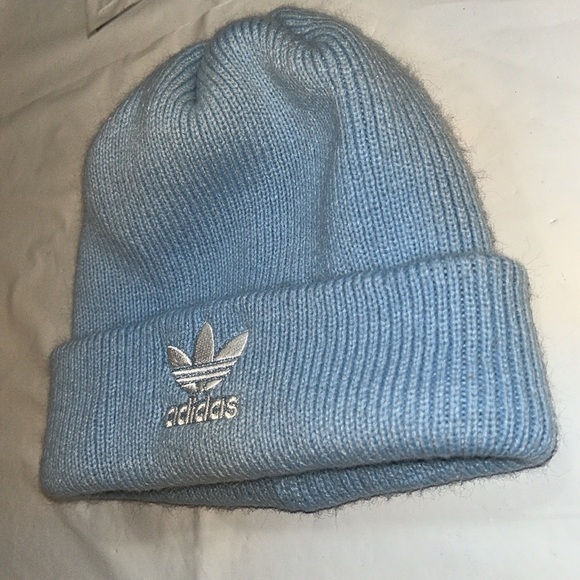 BABY BLUE KNIT Adidas Beanie HAT white TREEFOIL logo fold up knit HAT unisex OS - Picture 5 of 9
